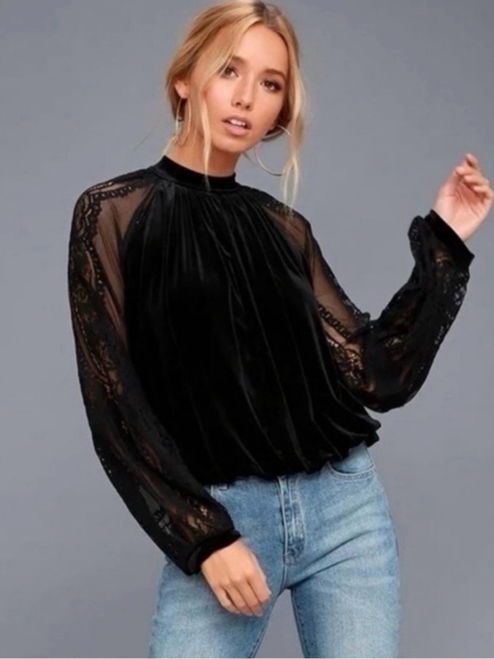 Free People Black Lace Sleeve Velvet Blouse Size L